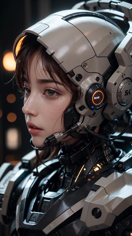 1girl,solo,from_side,no_humans,glowing,portrait,mecha,science_fiction,looking_ahead,
cinematic lighting,strong contrast,high level of detail,Best quality,masterpiece,<lora:Zagu_Mecha:0.7>,