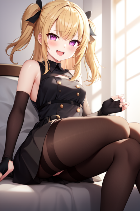 russian dress, pantyhose, black skirt, fingerless gloves, black footwear, black thighhighs, purple eyes, blonde hair, sitting, one side up, :d