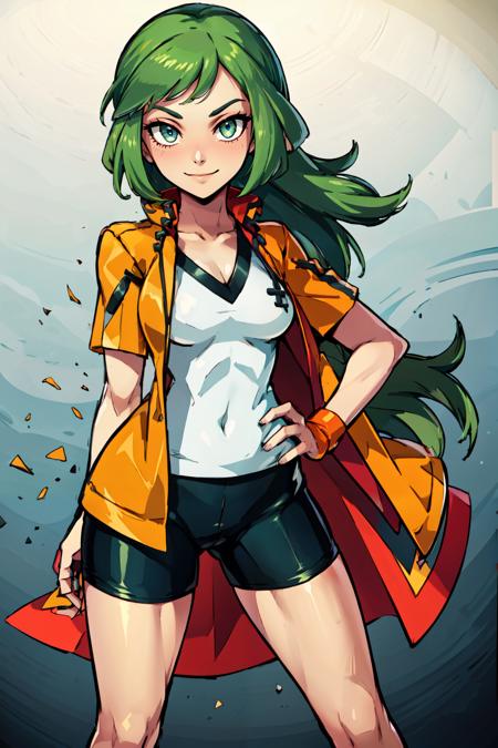 ace trainer (pokemon), 1girl, solo, green hair, green eyes, long hair, blunt bangs, orange jacket, white shirt, black bike shorts,