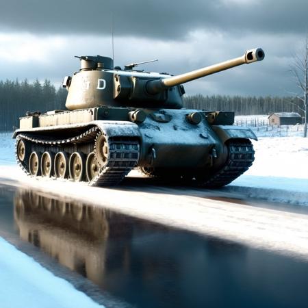 professional 3d model of a big tank is driving down a snowy road Saving Private Ryan Cinematic Film Style
 <lora:Saving Private Ryan Cinematic Film Style:1>
 <lora:PerfectEyesXL:1> <lora:lora6:1>
 <lora:perfect hands:1>
perfect hands, octane render, highly detailed, volumetric, dramatic lighting