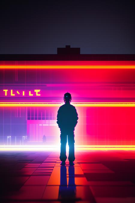 a man standing in front of a neon lit building , solo, 1boy, standing, male focus, from behind, english text, night, walking, silhouette  , cyberspace_background