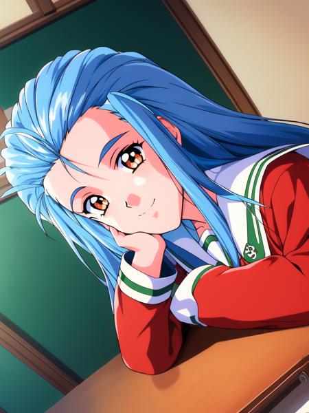 <lora:Minazuki_Kotoko:1> MinazukiKotoko, 1girl, solo, school uniform, blue hair, long hair, smile, brown eyes, 1990s (style), classroom, retro artstyle, dutch angle, long sleeves, looking at viewer, head rest, serafuku
masterpiece, high quality, very_high_resolution, large_filesize, full color,