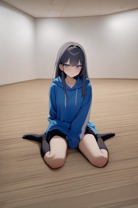 liminal space, 1girl, hoodie, long hair, sitting on floor, socks, looking at viewer, blue eyes, empty vast place, dark, carpet, vast, masterpiece, best quality, newest, late