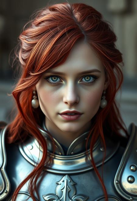 portrait of a female in silver medieval armor, fine realistic crimson red hair, attractive, looking at viewer, photo-realistic detailed soft skin, realistic lips, 4k, full length frame, High detail RAW color art, diffused soft lighting, shallow depth of field, hyperrealism