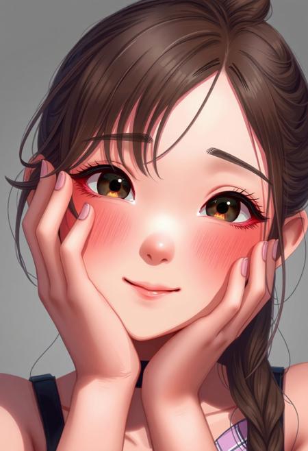 digital painting, lifelike anime, ultra realistic, by Jeremiah Ketner and Charlie Bowater and Stanley Artgerm and Thomas Saliot and J. Scott Campbell, incredibly adorable girl's face, incredibly cute lifelike girl's face and body, blushing, hands on face, smiling, choker