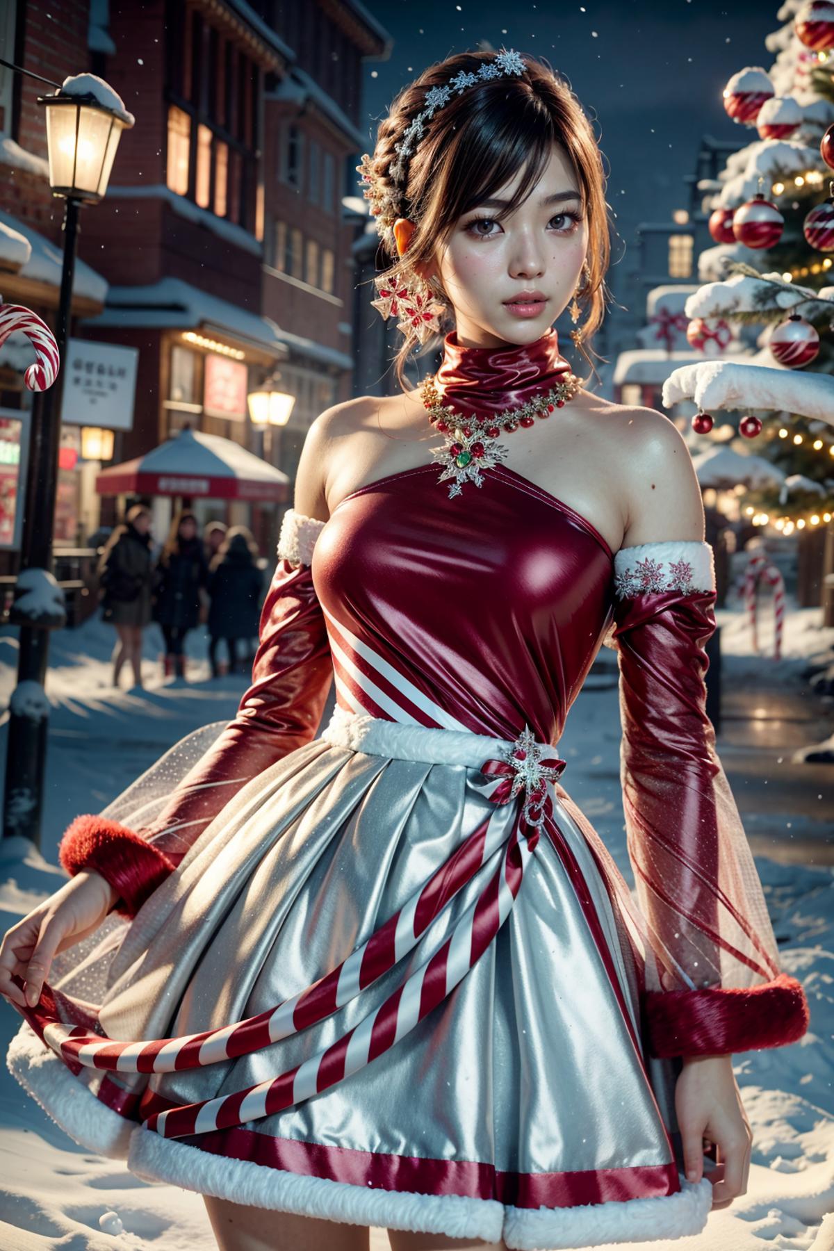 A woman in a red dress with a white belt and a bow in her hair posing in the snow.
