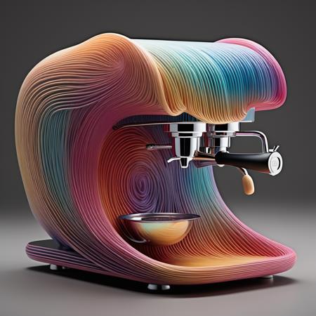 xians,<lora:xs_3:0.5>,A coffee machine composed of flowing colored lines, with lines resembling light and realistic rendering,