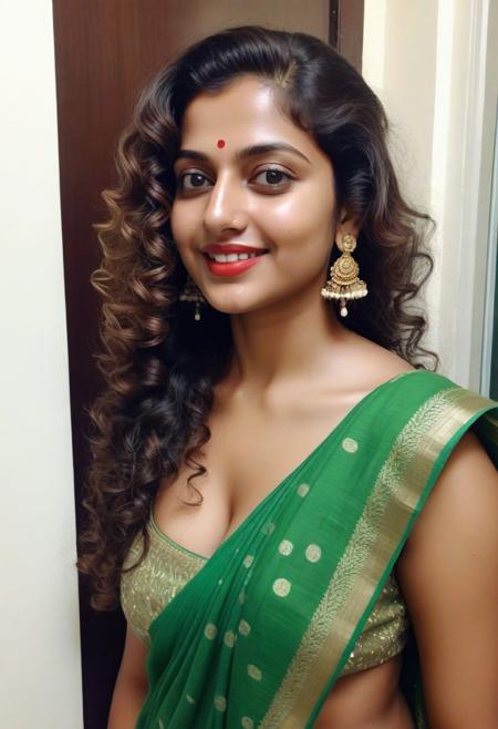 high angle selfie photo, realistic, ((realistic skin tones, film grain, intricate details, naturalism, hyperdetailed, hyperrealistic)) cute Indian girl, 25 years old, long curly long hair, Indian gold jewel, white skin, sweat, wet hair, wet body, wearing green saree only, side view, full body view, very sweaty body, selfie side view, full body view from selfie, slim body but big boobs, thin body, showing very busty boobs cleavage, visible breast, side view, standing and showing her ass in home doorway, night time, eyes open, wet red lipstick, brown eyes, kajal mascara, dimple, smile,