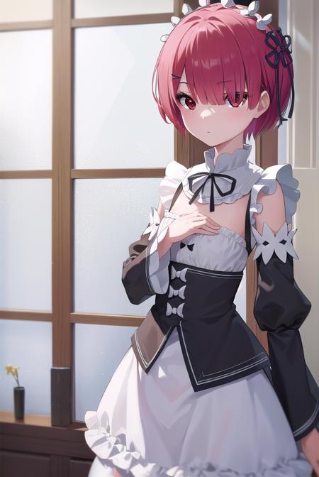 rezeroram, <lora:rezeroram-lora-nochekaiser:1>, 
ram, hair flower, hair ornament, hair over one eye, pink hair, (red eyes:1.5), short hair, x hair ornament, bangs, blunt bangs, (flat chest:1.2),
BREAK apron, black bow, black dress, black ribbon, bow, detached sleeves, dress, frilled apron, frilled sleeves, frills, juliet sleeves, long sleeves, maid, neck ribbon, puffy sleeves, ribbon, roswaal mansion maid uniform, thighhighs, two-tone dress, waist apron, white bow, white dress, white thighhighs,
BREAK indoors, mansion,
BREAK looking at viewer, (cowboy shot:1.5),
BREAK <lyco:GoodHands-beta2:1>, (masterpiece:1.2), best quality, high resolution, unity 8k wallpaper, (illustration:0.8), (beautiful detailed eyes:1.6), extremely detailed face, perfect lighting, extremely detailed CG, (perfect hands, perfect anatomy),