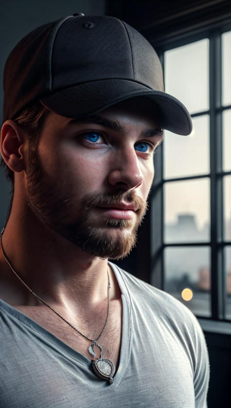 ASCII<lora:B:0.8> Photo of a man, close up portrait, skinny necklace, black hair, blue eyes, cap hat, view from below, beard, necklace, dark bedroom, windows, close up portrait, high detail, realistic, high detail, 8k, (Masterpiece, high quality:1.3), masterpiece, depth of field, bokeh, detailed, homoerotic, (homoerotic), highly detailed, sharp focus, intricate, smooth, elegant, fantasy, cinematic lighting, cinematic, masterpiece, matte, photorealistic, 4k, beautiful, volumetric lighting, dramatic,