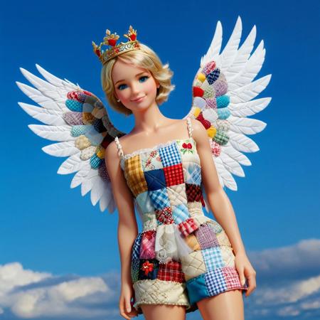 ptchkrawk, a doll made of patchwork fabric, blonde hair, white wings, barefoot, solo, angel, jewelry, white dress, anklet, angel, wings, short hair, full body, bare shoulders, looking at viewer, clouds background, feathered wings, toes, blue eyes, feet, bracelet, braid, smile, gem,sleeveless, armlet, crown, closed mouth, realistic, photorealistic, lips, pants, flying, bracer, floating, toe ring, necklace, clouds
