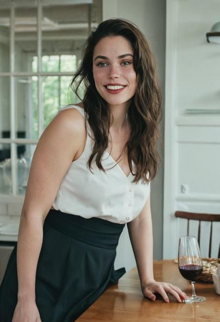 Film photograph taken in a plain  suburban dining room. Liv sits at the table with a carafe of red  wine  and a wine glass. She blushes, shy, sexual arousal as she looks down at the table, brushes hairs out of her face   
LIV wears a black skirt and white collared blouse, partially unbuttoned. Kitchen is all white tile and white wood. 
LIV is an  older attractive 45 year old woman. long brown hair parted sharply in the center, up in a messy ponytail, flowing down past shoulders. Italian heritage, resembling TYLER, LIV. smooth pale skin with makeup. thin trimmed Penciled eyebrows. thin lips, slight underbite and big chin and chubby cheeks, high cheekbones, rectangular shaped face, thicker neck, wide jaw. Dark cateye eyeliner and a few light freckles. 5 foot 3 inches tall and 200 pounds, thicker neck, full breasts with cleavage, high cheekbones, wide round nose. dark brownish Green eyes, bright smile showing gums. Thigh gap. Soft tummy