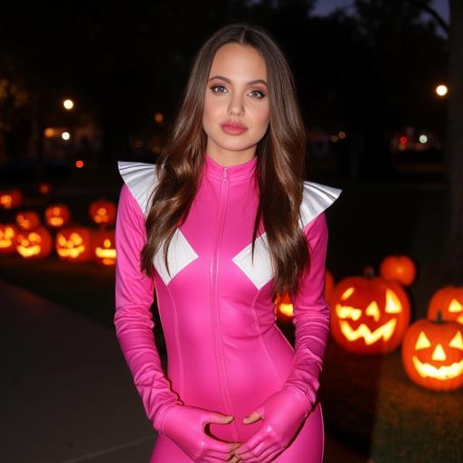 A full body photograph of 90saj dressed up as the pink power ranger for Halloween, long light brown hair, outdoors, Jack-o'-lanterns, night time, blue eyes