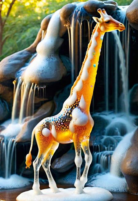 macro photo, a beautiful translucent glass giraffe that glows within, glowing lights, beautiful waterfall , made out of multicolored transparent delicate glass, magical sparkles,vibrant whimsical colors <lora:ral-beer:1> made of ral-beer