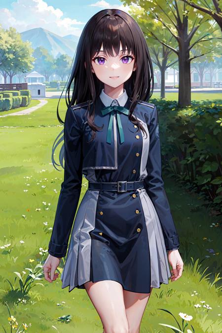 (masterpiece, best quality:1.4), looking at viewer, smile, cowboy shot, takina inoue, purple eyes, black hair, long hair, lycoris uniform, green ribbon, long sleeves, two-tone dress, pleated dress, collared shirt, kneehighs, outdoors, grass, path, <lora:takina_inoue_v1:0.7>