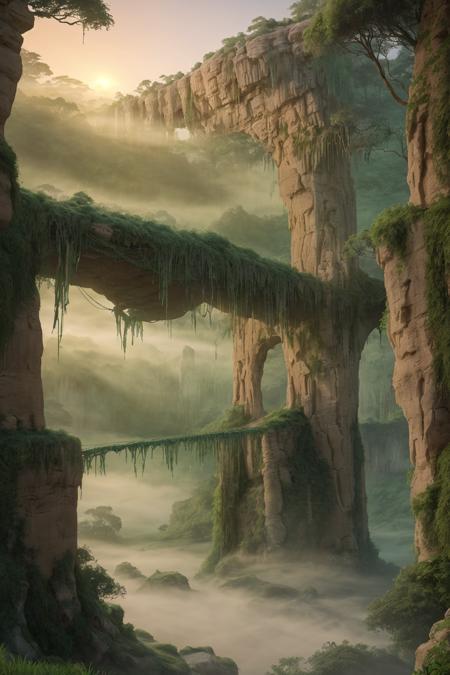 towering quartz-sandstone pillars, mist swirling around, glowing sunrise light, lush green vegetation, ancient rope bridges, epic cinematic scale, ultra-detailed, 8K, masterpiece, fantasy realism