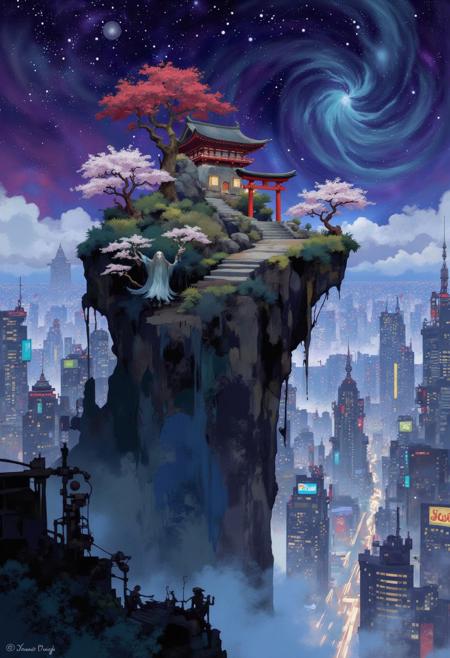 abstract style of Bruce Holwerda,
Portrait by Dorota Pietrowiak,
A surreal view of a futuristic nighttime metropolis. In the middle of the city there is a high table mountain with steep cliffs. On the plateau of the mountain there is a cozy Japanese garden with an ancient Japanese temple, red gate, cherry blossoms and green bushes. The mountain is surrounded on all sides by cyberpunk skyscrapers with neon signs in all colors of the rainbow. The temple on the mountain is illuminated to stand out against the night sky. The garden seems ghostly and mystical. There are stone steps carved into the rock. The sky is studded with stars and swirling galaxies. A fantastic landscape.
i11ustmin Illustration