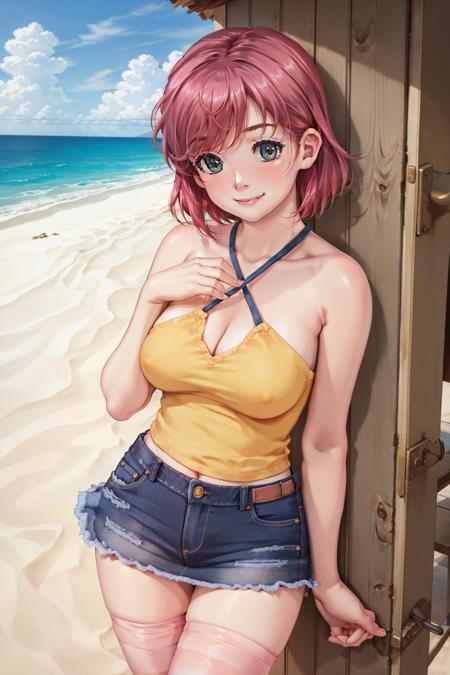 (masterpiece, best quality:1.2), <lyco:resortboin_iihara-10:0.8>, cowboy shot, solo, 1girl, iihara nao, smile, looking at viewer, hand on own chest, criss-cross halter, yellow shirt, denim skirt, pink thighhighs, striped thighhighs, beach