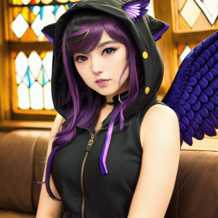 black detailed nekohoodi sitting sideways on a classical couch,masterpiece, DSLR photo,nekohoodi, real photo, dynamic angle, wings, breasts,solo, angel wings, rainbow hair, long hair, rainbow eyes, angel, looking at viewer, feathered wings, medium breasts, stained glass, white wings, standing,  (high detailed skin:1.2),8k uhd, dslr, soft lighting, high quality,   <lora:NekoHoodi:1>