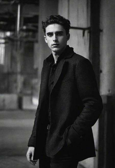 tyson_dayley <lora:tyson_dayley-08:0.75> , urban gritty location, posing in an industrial setting with steel beams,  Timothy tchalamet, natural lighting, dramatic directional lighting, bold confident mood, black and white Peter Lindbergh photography