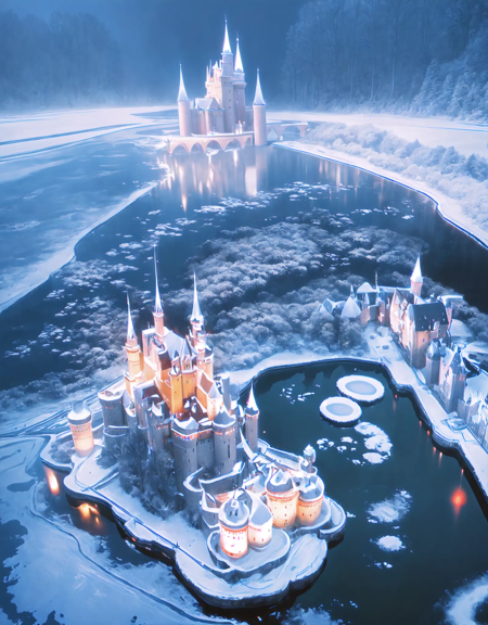 Photo of a massive snow-covered castle illuminated by ambient lights, casting a magical glow over the wintry landscape<lora:WinterCastle_v0.2:1>