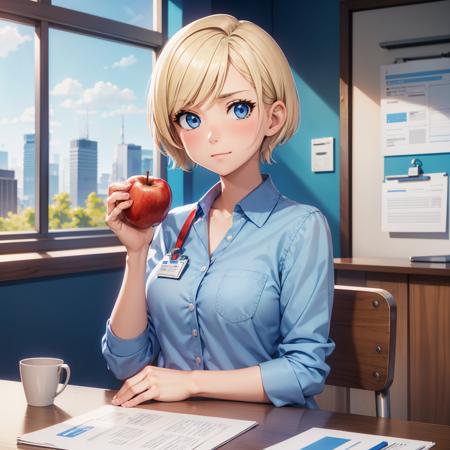 woman, blue blouse with pocket, buttons, id card badge, short blonde hair, blue eyes, sitting, holding red apple, wooden desk, hand on papers, cup with red pen on desk, chair, from front, blush, blue wall, wooden panels, window, cityscape, tree <lora:woman_with_apple_01-000006:0.6>