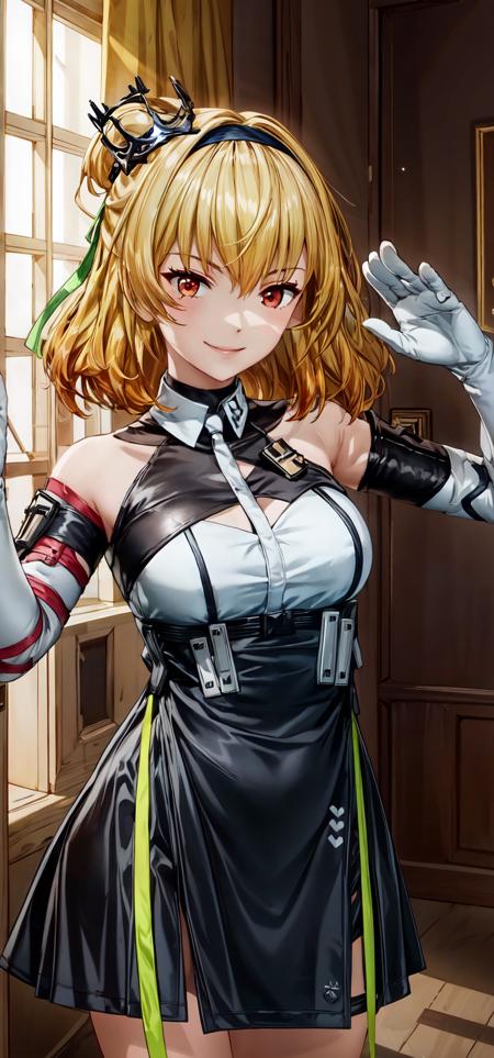 fenniS1CB, 1girl, blonde hair, medium hair, (ponytail:0.9), red eyes, dress, green ribbon, mini crown, bare shoulders,hairband,white gloves,detailed face,