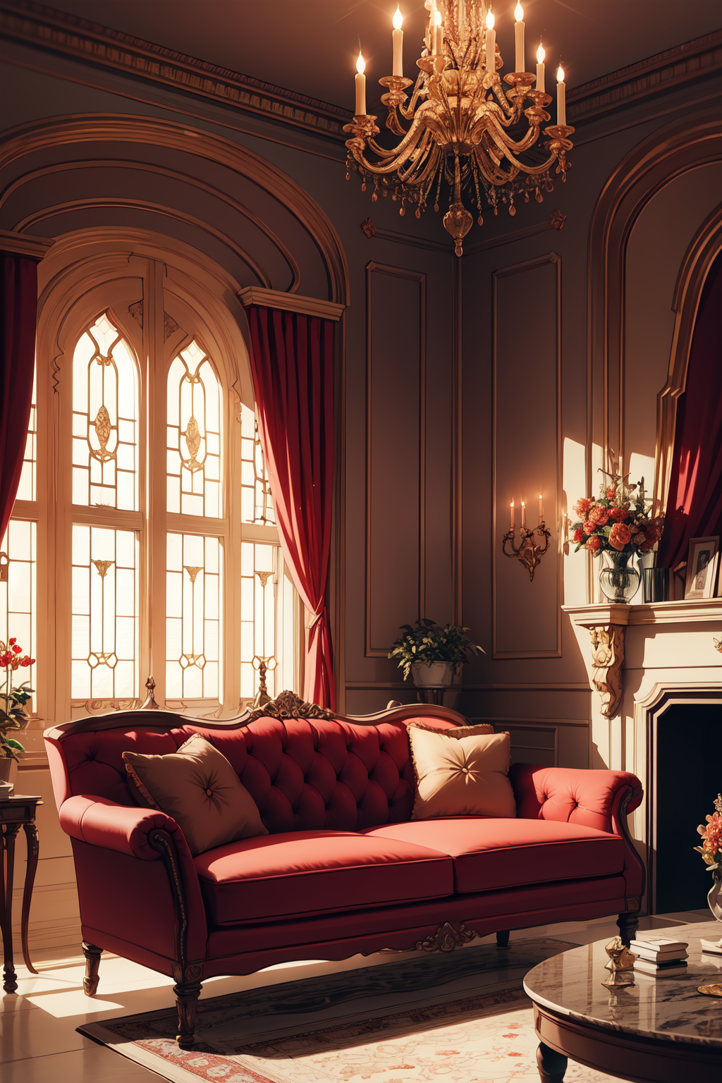 indoors, ampire, luxurious interior, marble (stone), chimney, red sofa, red curtains, windows, volumetric lighting, soft l...