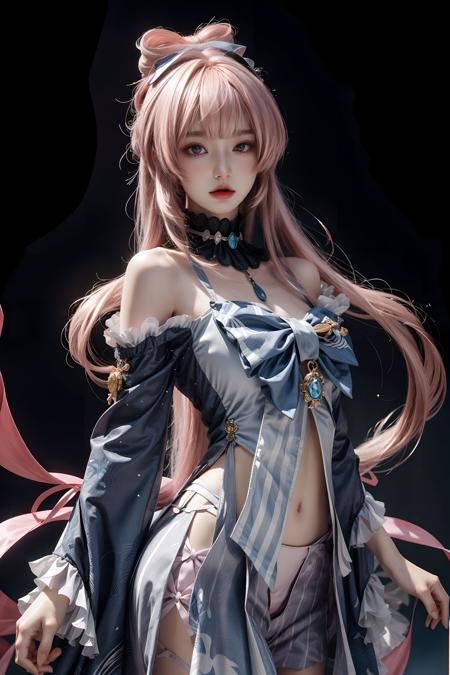 <lora:Sangonomiya_Kokomi:0.65>, cowboy shot,dancing, standing, sangonomiya_kokomi,(((sweet girl))), bow-shaped hair, pink long hair, blue shirt, bare shoulders, wide sleeves,looking at viewer, detached sleeves,frilled sleeves, bow ornament (clothes),  blunt bangs, upper body,fantasy, high contrast,  <lora:add_detail:1>