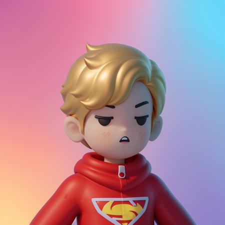 3d, blender, tinycore, toycore, sculpture <lora:3dcute:0.6>, solo, short_hair, simple_background, 1boy, closed_mouth, upper_body, male_focus, cape, red_cape, superhero, superman