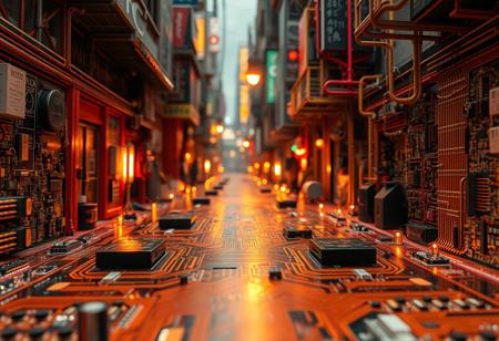 Streets of printed circuit boards, micro-components, printed circuit board, cyberpunk