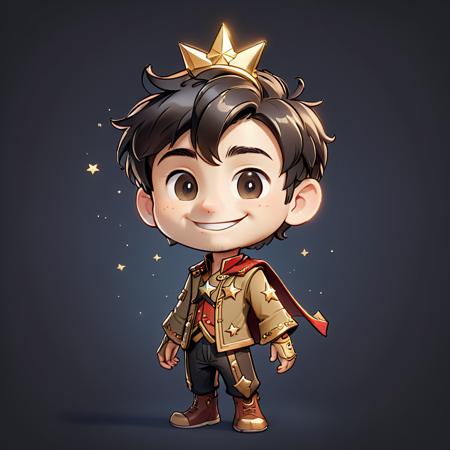 25 year old man, with gold star on the right side of his chest, disney style, chibi, full body, cute, smiling, unreal engine, detailed,  <lora:chibi-XL0.2:0.8>