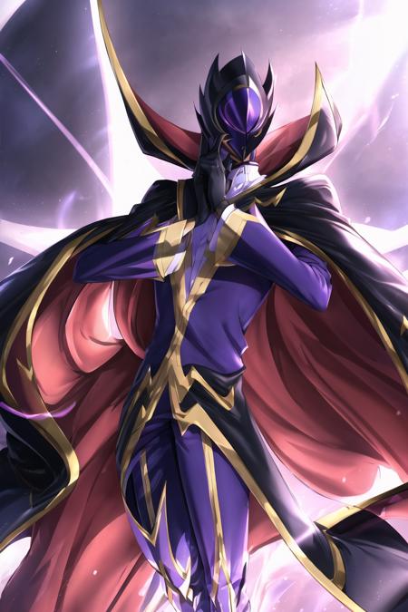 masterpiece, best quality,
solo, zero \(code geass\), close-up, mask on head, 
black cape, black gloves, cape, formal, gloves, high collar, long sleeves, mask, purple footwear, purple pants, purple suit, suit,
mksks style, professional lightning, spotlight, school, classroom,