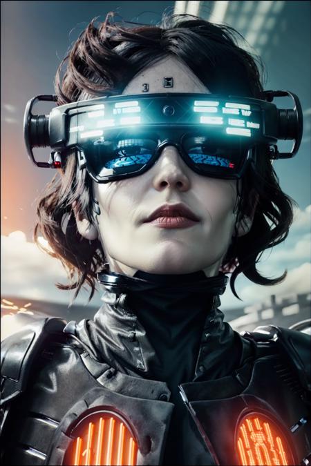 <lora:eva_green-04:1> woman, ((3v4gr33n:1.6)),  portrait,  looking at viewer, solo, half shot, detailed background, close up, detailed face, (<lora:PastTech:0.6>, synthetic,  plasttech theme:1.1), futuristic glowing  iron armor, light mobile armor,  cape, high-tech, rivets, modules,  bionics, cybernetic implants, (small high-tech goggles:0.8), head-up display,  epic galactic spaceship in background, white lights,  neon lights, lasers,   explosions, screens, hologram, cinematic atmosphere,