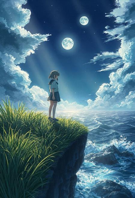 Vertical 9:16 cinematic anime scene, ultra-detailed 4K, in the style of “Weathering with You” key art: a lone girl in a soaked school uniform standing atop a grassy cliff plateau; knee-high grasses bend in the storm breeze; below, dark ocean waves crash against rocks; moonlight breaks through drifting clouds, creating dramatic light shafts; feenstaub dust motes sparkle in the shafts of light; layered cloud banks recede into depth; parallax-ready composition with grass blades crisp foreground, girl in sharp midground, foam-tipped waves and horizon softly blurred; hyper-detailed watercolor cel shading, wet cliff textures, subtle bloom and film grain; powerful, enchanted sense of depth and motion