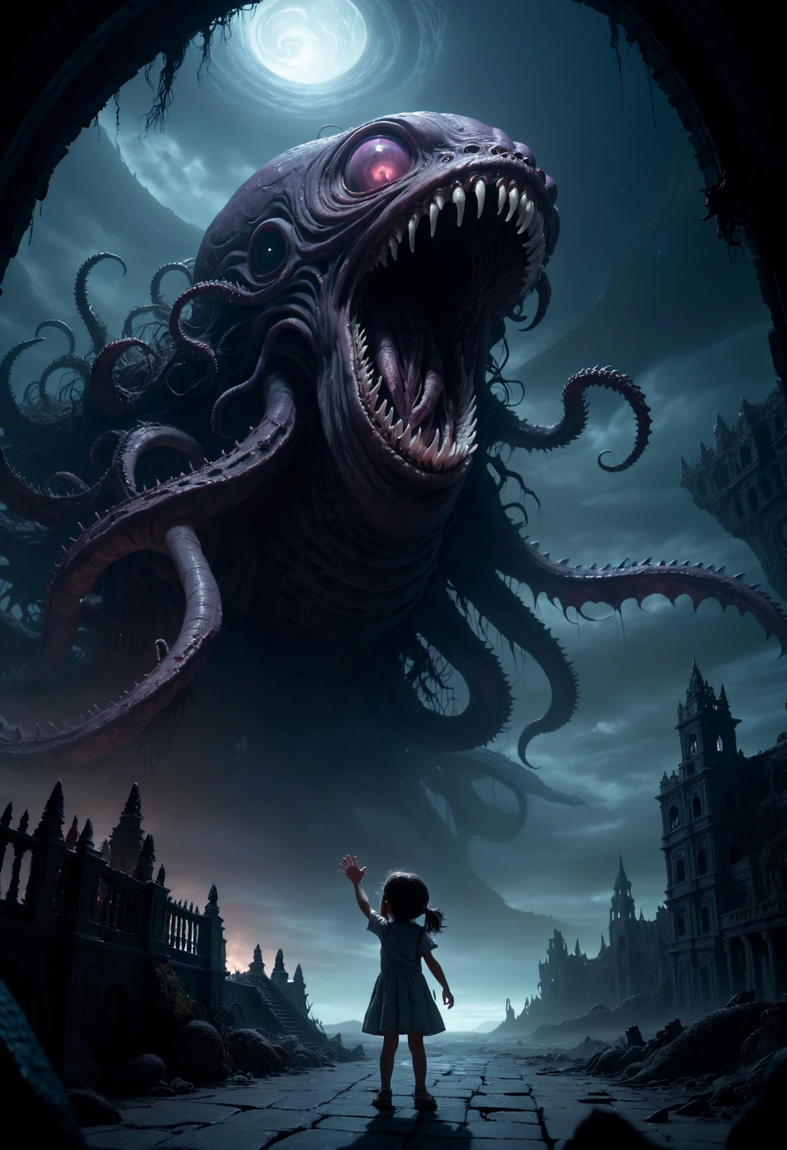 A person standing in front of a giant monster with tentacles.
