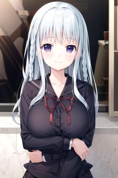 ((masterpiece)),(best quality),official art,extremely detailed CG,unity 8k wallpaper,ultra detailed,beautiful detailed eyes,extremely detailed face,1girl,solo,upper body,(portrait:1.2),looking at viewer,facing viewer,smile,very long hair,white hair,braid,sidelocks,bangs,purple eyes,school uniform,serafuku,red ribbon,shirt,long sleeves,large breasts,black skirt,frills,black pantyhose,loafers,<lora:Teidou Shirayuki(kthdnlc)>,