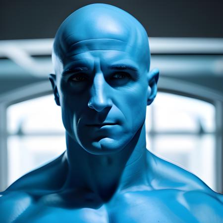 A vivid, detailed headshot of Dr. Manhattan from Watchmen, taken with a Sigma 85mm f/1.4