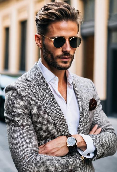 street style photo, half body, beautiful man, 30 years old,  Classic Fashion, luxurious outfit