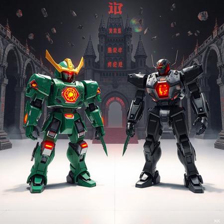 "Ultra-detailed 3D render of two  robots standing in unison on a pristine white stage before the Supreme King's Castle, a gothic fortress with obsidian spires and glowing crimson runes.
Left: Superheavy Samurai Prodigy Wakaushi – A jade-green mechanoid with kabuto-style helmet, articulated samurai armor plates, and a glowing yellow starburst emblem on its chest. Its head features a pulsating ruby-red sensor array, while twin katanas crackle with plasma energy on its back.
Right: Martial Metal Marcher – A matte-black war machine with industrial riveted plating, hydraulic piston limbs, and a blazing amber optic visor. Its chest pulses with a crimson reactor core, and its fists morph into rotating tungsten drill bits.
Both robots stand in mirrored battle stances, energy fields intertwining as they face a holographic threat. The castle looms with floating debris and prismatic energy storms, its arches crumbling under cosmic pressure. Dramatic Dutch angle shot using Unreal Engine 5 ray tracing, Octane Render hyper-textures, and Raphael-style chiaroscuro lighting. Metallic surfaces reflect fractal nebulas, while splash ink effects blend with Houdini particle simulations for a retro-mecha aesthetic. 8K resolution, ArtStation-trending composition, golden ratio symmetry, dominated by emerald, onyx, and crimson with chromatic combat-readiness accents."
