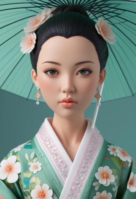 8k, score_9, score_8_up, score_7_up,masterpiece,realistic,ultra detailed, vibrant colors,photo-realistic,DSLR,cs-cr1stal-v2,plushify, character stuffed toy, chibi,
Small, Asian-inspired figurine, child,  (ethnicity:1.2),  (detailed clothing:1.2), wearing a vibrant green kimono-style dress (detailed patterns:1.1), with light pink floral motifs,  (accessories:1.1) holding a  staff,  (detailed expression:1.2),  (pose:1.2), standing,  (body type:1.1),  center-focused, facing viewer, under a large, leafy green umbrella made by glass, surrounded by lush foliage and white flowers made by glass(detailed flowers:1.1),  (detailed environment:1.1),  smooth,  (soft lighting:1.1),  pastel color scheme,  (cool color palette:1.1),  artistic figurine style, intricate details, (detailed facial features:1.3), 3D rendering style, photorealistic,  high detail,  (detailed skin texture:1.2)