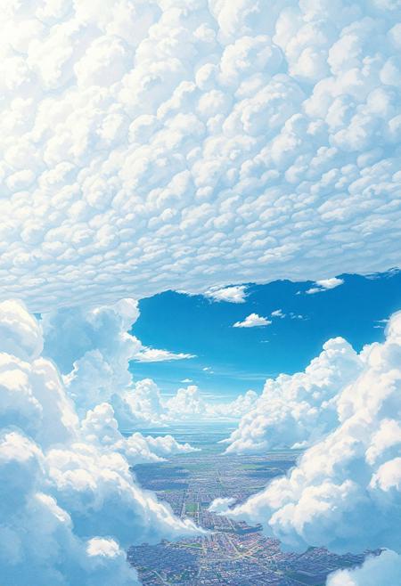 Vast anime-style sky with a massive textured cloud cover stretching across the entire scene, intricate structural cloud formations with detailed bumps and organic folds, scattered open gaps revealing patches of bright blue sky, cinematic view over a peaceful cityscape below, soft sunlight streaming through cloud breaks, pastel color palette (baby blue, soft white, light pink), highly detailed Ghibli-inspired artwork, hyper-realistic watercolor texture, dreamy and emotional atmosphere, 4K ultra-high resolution
