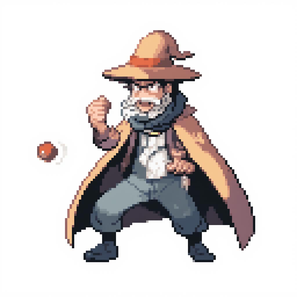 a pixel image of a pokemon trainer     wizard    on a white background