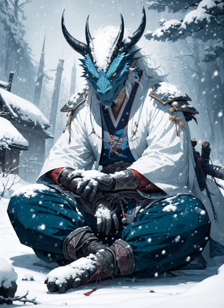 blue dragonborn, solo, long hair, looking at viewer, male, sitting, yellow eyes, weapon, white hair, male focus, outdoors, japanese clothes, horns, pants, sword, wide sleeves, armor, colored skin, fangs, katana, sheath, snow, colored sclera, sheathed, snowing, blue skin, chinese style, 
, ((masterpiece, best quality)), art by greg rutkowski  <lora:dragonborn_offset:1>