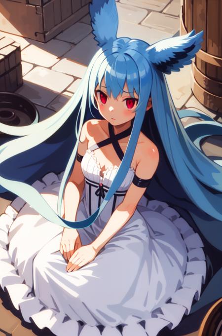 masterpiece, best_quality, 1girl, solo, plenair, blue hair, red eyes, white dress, <lora:harada_takehito_v1:0.8>