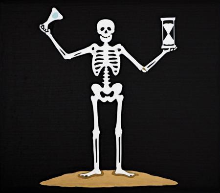 a skeleton holding up an hourglass, black field background, jolly roger