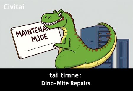 "A cartoon of a giant dinosaur holding a ‘Maintenance Mode’ sign while attempting to fix a server with its tail. Text: ‘Civitai: Dino-Mite Repairs’."