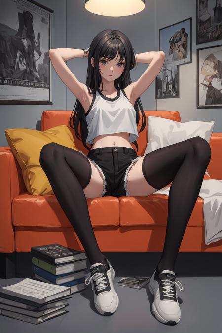 (masterpiece:1.2),best quality,high resolution,unity 8k wallpaper,(illustration:1),perfect lighting,
1girl, solo, shoes, sneakers, couch, shorts, black hair, midriff, long hair, crop top, indoors, poster \(object\), black shorts, sitting, legs, hand on own head, pantyhose, short shorts, pillow, sleeveless, shirt, book, bare shoulders
<lora:more_details:0.2>,