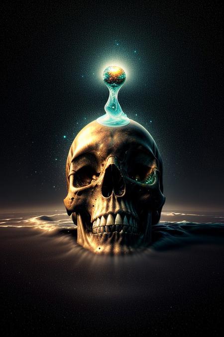 A close-up photorealistic image of a crystallic floating skull facing the viewer with its mouth open, pouring from it's mouth a shimmering liquid resembling the universe onto the ground, filled with rich stars and swirling galaxies. A simple void background enhances the dark atmosphere, shrouded in fog, capturing the hypnotic flow and shimmer of the cosmic liquid, dutch view,