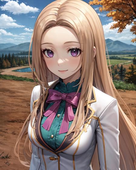 best quality, (masterpiece:1.2), illustration, absurdres,   
(1girl), (solo), (beautiful detailed girl), (upper body, portrait), 
<lora:Lucy-08:0.8>, blond hair, long hair, swept bangs, forehead, purple eyes, medium breasts,
white suit, green undershirt, green frills, white miniskirt, pink ribbon, black_pantyhose, high heels,
looking at viewer, smile,
overlooking distant mountains, distant river, (pine forest), autumn colors, sky, clouds, intricate, detailed background,